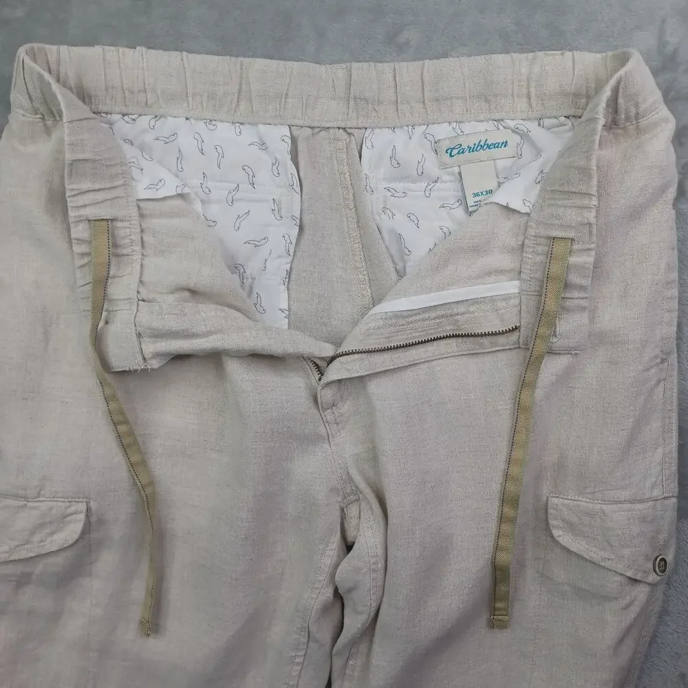Caribbean 100% Linen Cargo Pants Men's 36x30 Beige Drawstring Coastal Straight